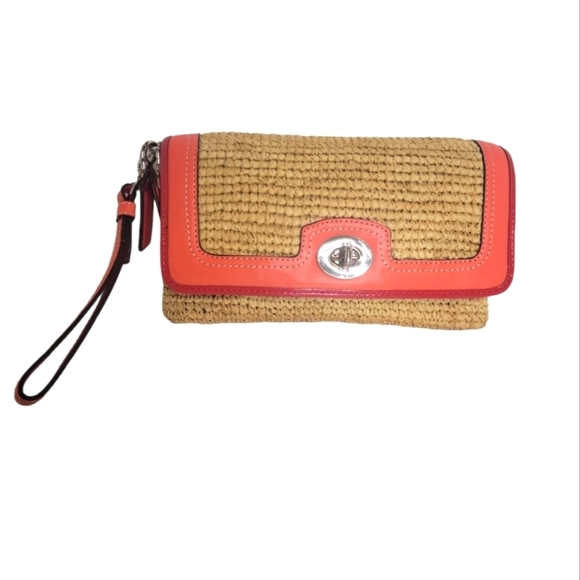 Coach Straw Clutch Wristlet Natural Tangerine Red - Picture 1 of 10